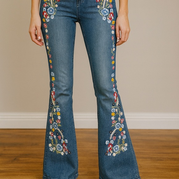 Denim - Embroidered Flare Jeans